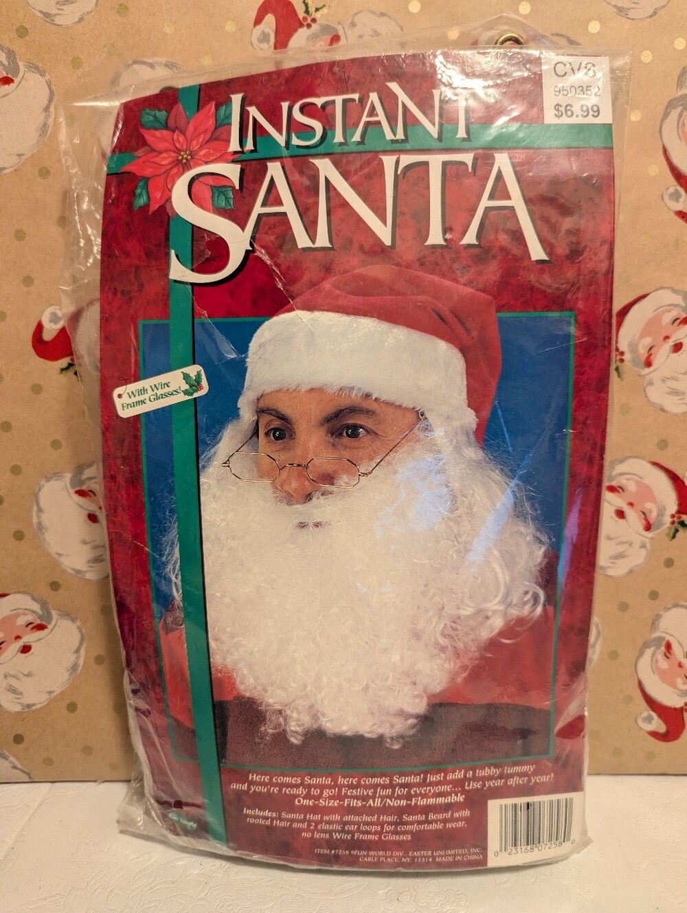 Instant Santa Hat W Hair, Beard, Wire frame Glasses Costume NIP